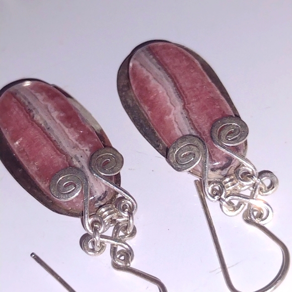 Rhodochrosite Long French Drop Earrings with Embel - Picture 2 of 5
